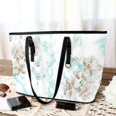 White Orchids and Diamonds Customizable Leather Tote Bag - Large Size, Front & Back Printing"