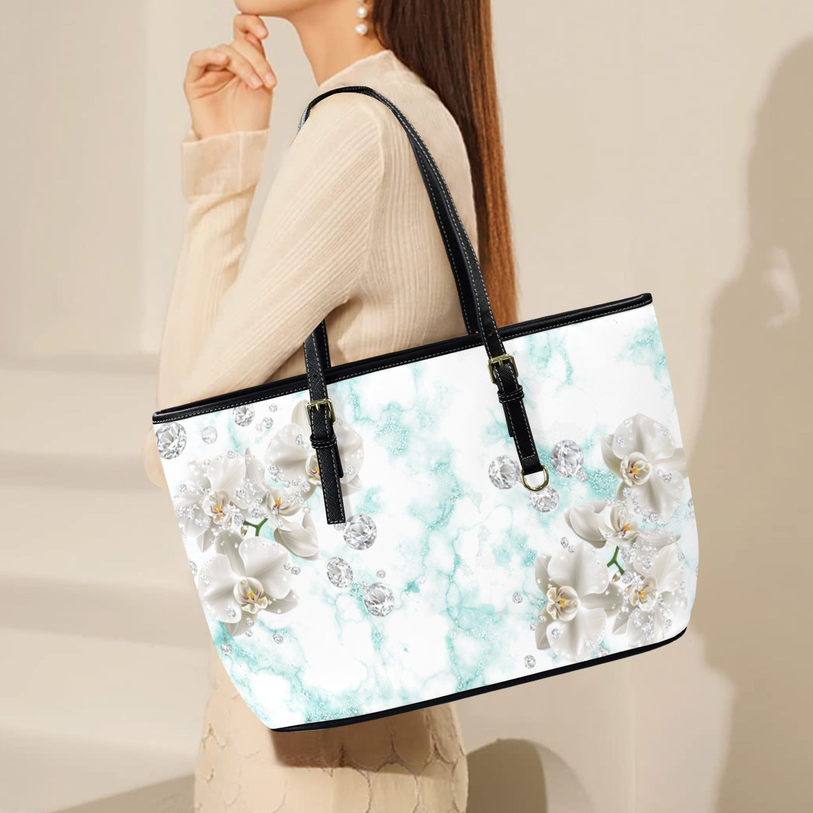 White Orchids and Diamonds Customizable Leather Tote Bag - Large Size, Front & Back Printing"