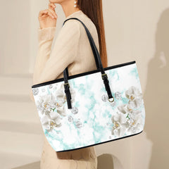 White Orchids and Diamonds Customizable Leather Tote Bag - Large Size, Front & Back Printing"
