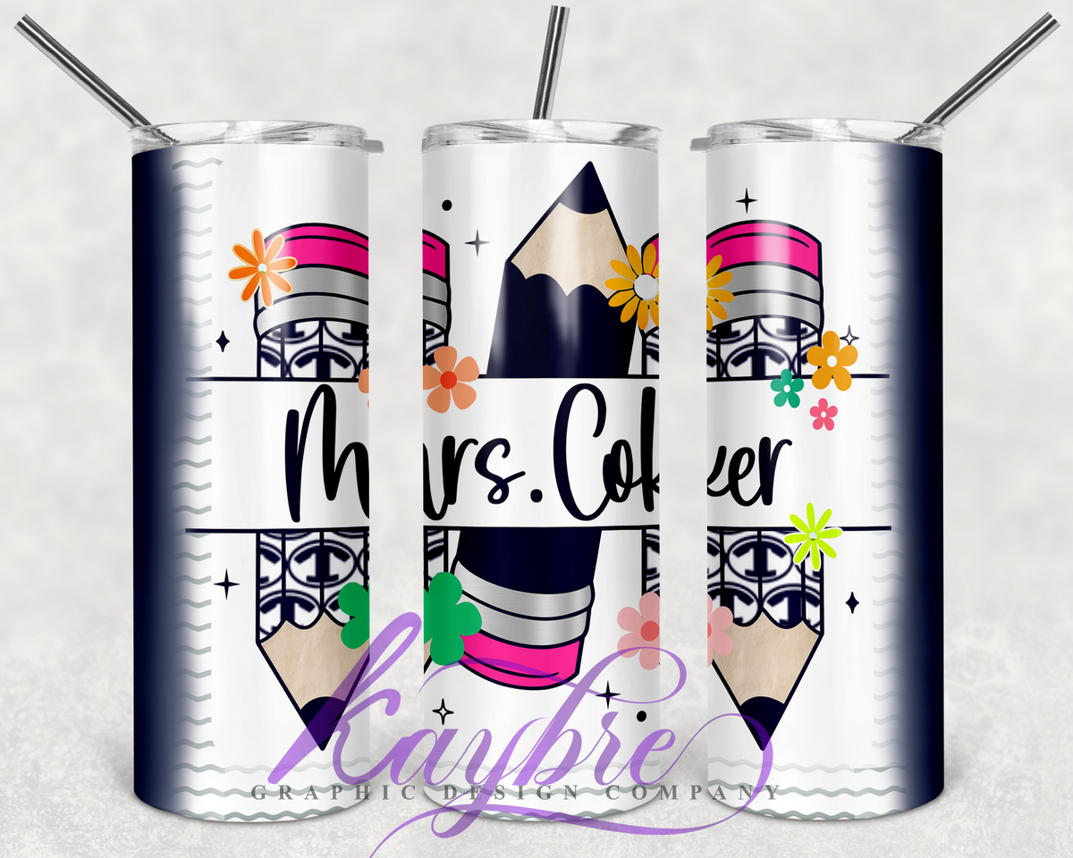 Pencils and Flowers 20 oz Teacher Tumbler with School Logo & Name Personalization